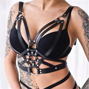 Women Leather Harness Dominatrix Punk Goth Suspender Bra Straps Belt - Picture 1 of 9