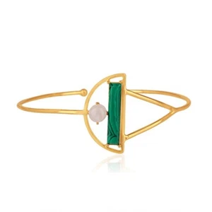 18k Gold Plated Half Moon Design Women Cuff Bangle With Malachite & Moonstone - Picture 1 of 5