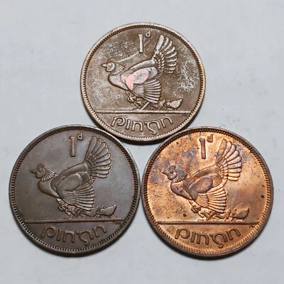 Ireland Penny Set - 1950, 1952 1968 - Hen and Chicks - 3x 1 Pingin Coins - Image 1 of 4
