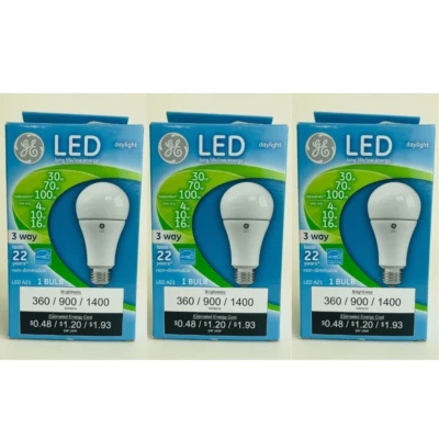 Lot of 3 GE 3-Way LED Daylight 4/10/16 W A21 Non- Dimmable  360/900/1400 Lumens - Image 1 of 4