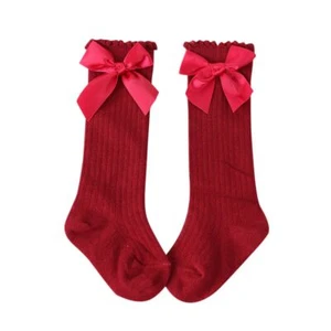 Soft Cotton Lace Socks - Solid Bow Knee High Long Sock Children Footwear 1Pair - Picture 1 of 33