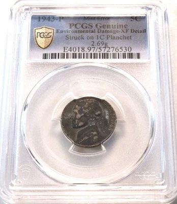 1943 P 5C PCGS XF Jefferson War Nickel ERROR Struck Steel Cent 1C Planchet Blank - Image 1 of 4