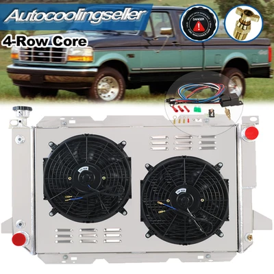 4-CORE RADIATOR+SHROUD FAN FITS 1983-1997 FORD F100 F150 F250 350 BRONCO V8 Foto 1 de 4
