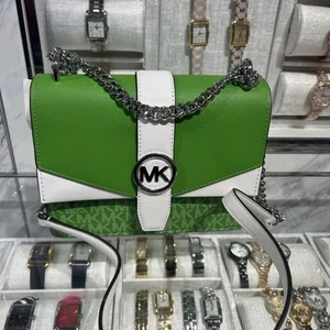 MICHAEL KORS GREENWICH SMALL FLAP CROSSBODY MK CHAIN BAG TOTE JUNGLE GREEN LOGO - Picture 1 of 17