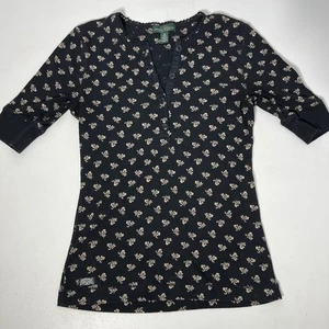 Top Lauren Ralph Lauren Jean Co para mujer XS negro floral Y2K Henley tejido acanalado - Imagen 1 de 9