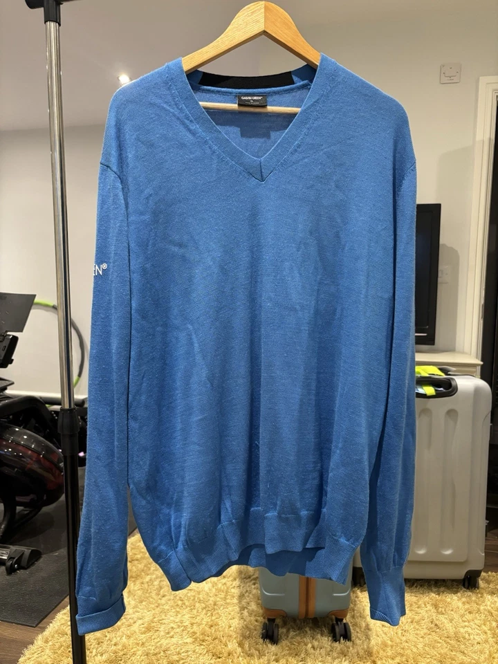 GORGEOUS GALVIN GREEN BLUE V-NECK WOOL BLEND GOLF JUMPER -SIZE EXTRA LARGE / XL - Image 1 of 4
