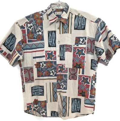 Norm Thompson Shirt Mens Medium Beige Linen Blend Abstract Fish Print Hawaiian - Image 1 of 4