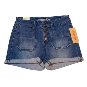 Neu mit Etikett American Rag Denim-Shorts hoher Bund Knopfleiste Größe 0 mit Bündchen - Bild 1 von 5