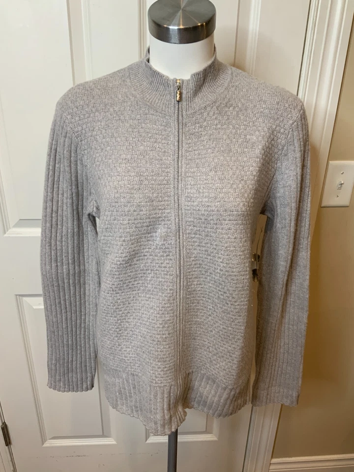 St. John Cashmere Gray Rib Knit Zip-Up Cardigan Sweater Size Medium - Image 1 of 4