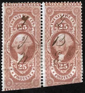 US Sc R49c Rojo 25 ¢ Par de ingresos de protesta manuscrito cancelación - Imagen 1 de 1