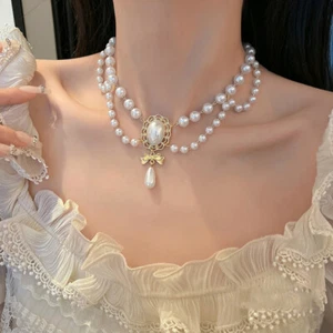 Multi-Layer White Pearl Clavicle Necklace Elegant Baroque Pearl Pendant Necklace - Picture 1 of 10