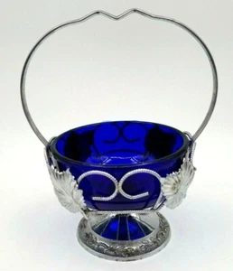 Vintage Small Candy Dish Bowl Cobalt Blue w/ Silver Metal Filigree Basket Holder - Bild 1 von 8