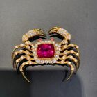 Lab-Created Red Ruby 2.20Ct Cushion Cut Crab Brooch Pin 14K Yellow Gold Plated