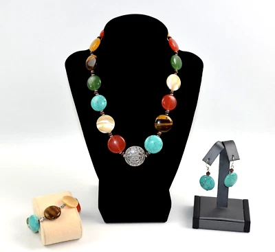 Silver Tone Chunky Lucite Flat Circle Beaded Necklace w/ Bracelet & Earrings - Image 1 of 4