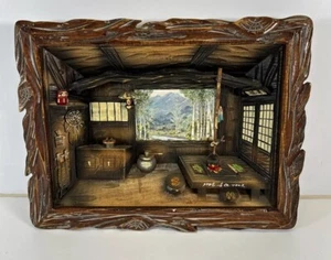 VINTAGE 3D WOODEN SHADOW BOX DIORAMA RUSTIC FISHING CABIN INTERIOR - Picture 1 of 13