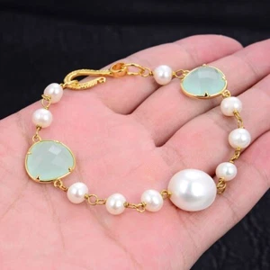 8'' White Baroque freshawter Pearl Green Crystal Bracelet For Women - Imagen 1 de 6