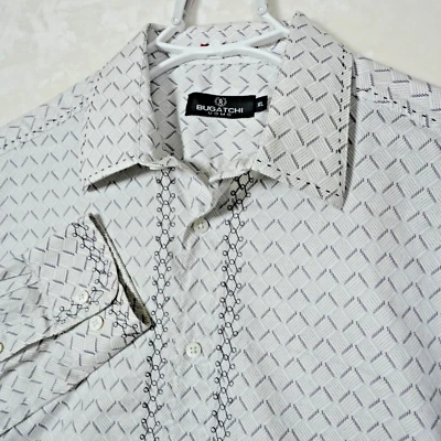 Rare Bugatchi Men's XL White Shirt - Geometric Pattern, Black Embroidery, EUC - Image 1 of 4