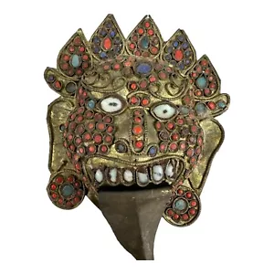 Tibetan Nepal Mask Brass Turquoise Coral Cabochon Stone Dark Glass Bhairava - Picture 1 of 17