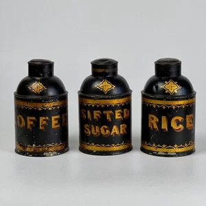 Rare Set of 3 19th Century English Gild Tole Coffee/Rice/Sifted-Sugar Canisters - Picture 1 of 9
