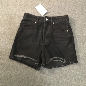H&M Womens Shorts Medium Black Button Fly Cut Off Faded H M NWT - Picture 1 of 11
