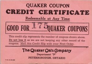 Quaker Oats Coupon Certificate Peterborough Ontario Advertising Card H49 *as is