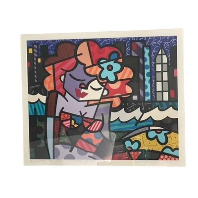 Impresión enmarcada de Romero Britto, colorido arte pop, chica del centro, firmada Foto 1 de 4