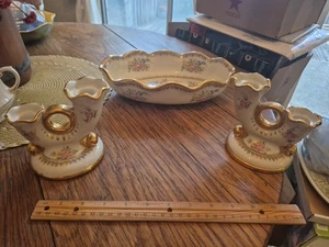 Abingdon Pottery 1940's USA 3-Piece Console Set Bowl&Candlesticks Pink EUC  - Picture 1 of 24