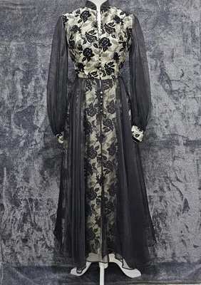 VESTIDO DE COLECCIÓN MEL WARSHAW Negro Dorado Brocado Manga Transparente Abertura Frontal XS Gótico Romántico Foto 1 de 4