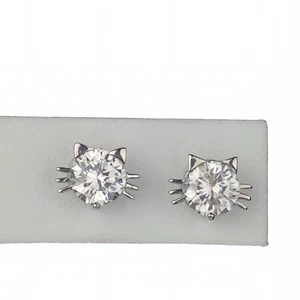 Orecchini a perno testa di gatto scintillante delicato argento sterling 925 massiccio, set di punte - Foto 1 di 5