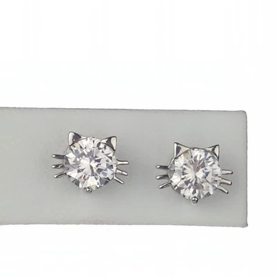 Juego de aretes con cabeza de gato delicados brillantes de plata de ley 925 maciza, puntas Foto 1 de 4
