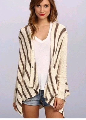 Suéter Cárdigan Tejido Free People Talla S Beige Marrón Rayas Talla Grande Cuello en V Foto 1 de 4