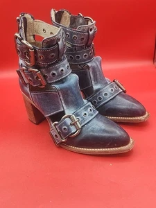 NEW Freebird by Steven Malena Joplin in Blue Leather Ankle Buckle Heel Boot 7 - Picture 1 of 9