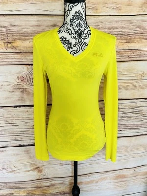 Top deportivo Fila para mujer amarillo neón cuello en V manga larga logotipo talla XS Foto 1 de 4