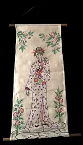 Vintage Asian Japanese Geisha Girl Needlepoint Finished Wall Hanging Art 27" - Picture 1 of 7
