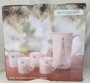 Servappetit Weihnachten 60 Unzen Krug & 4 Tassen ~ Winter Schneeflocke ~ Goldakzente - Bild 1 von 6