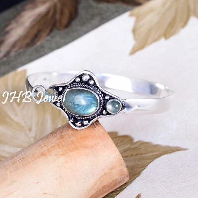 Blue Fire Labradorite Gemstone 925 Sterling Silver Cuff Bangle For Special Day - Image 1 of 4
