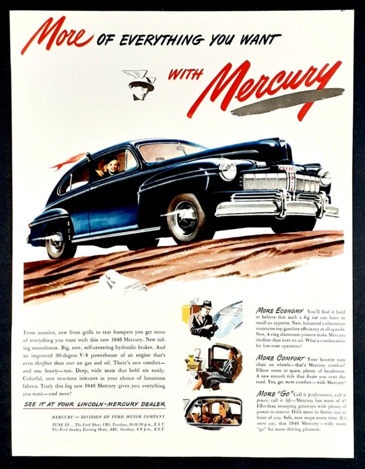 Vintage Mercury Eight car ad original 1946 auto advertisement. - Image 1 of 3