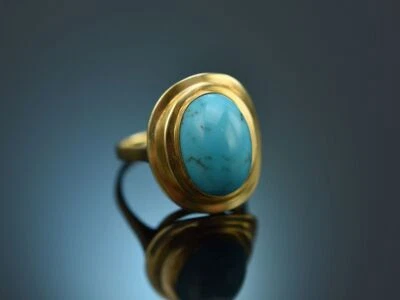 SCHICKER STATEMENT RING MIT TÜRKIS CABOCHON AUS GOLD 585 ENTSTANDEN UM 1965 - Bild 1 von 4