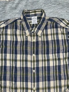 Brooks Brothers Mens irish 100% Linen Regent Blue Green Plaid Shirt Large - Picture 1 of 6