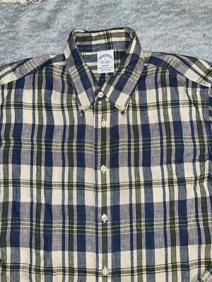 Brooks Brothers Mens irish 100% Linen Regent Blue Green Plaid Shirt Large - Image 1 of 4