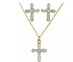 NEW KIRKS FOLLY CRYSTAL CZ BLESSING CROSS NECKLACE & EARRING SET GT - Picture 1 of 3