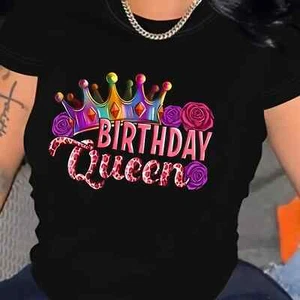 Birthday Queen Graphic Printed Round Neck Casual Street Style Women's T-shirt - Picture 1 of 12