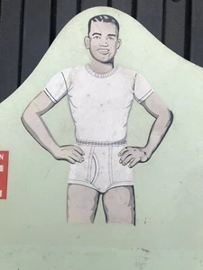 Raro letrero de publicidad de exhibición de tienda de ropa interior vintage tighty blanco MAYO ABETO - Imagen 1 de 12