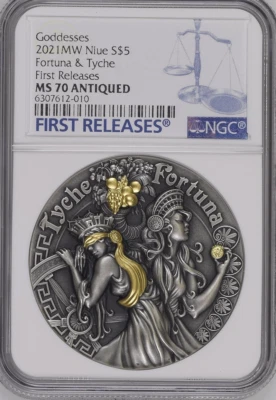 Moeda de prata Fortuna & Tyche Goddesses 2021 NIUE 2 oz acabamento antigo 5$ NGC MS 70 - Imagem 1 de 4