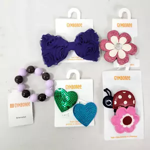 Lot of 5 Gymboree Hair Accessories NEW 4 Clips 1 Bracelet purple brown Hearts - Picture 1 of 6