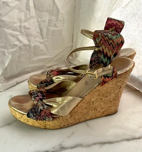 Sandalias de cuña MISSONI plataforma corcho cuero dorado y tela exclusiva talla 38 EU - Imagen 1 de 9