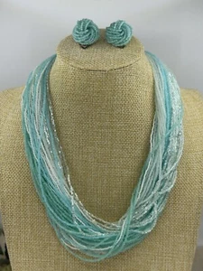 Turquoise blue glass bead multistrand necklace with matching clip earrings - Picture 1 of 10