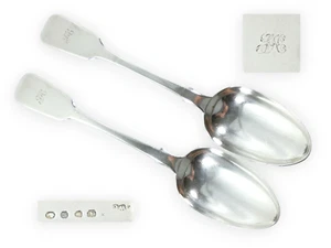 Antique Victorian 1838 Pair of Sterling Silver Tablespoons Spoons Fiddleback Set - Picture 1 of 8