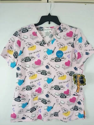 Friends Central Perk Pink Cherokee Scrub Top Medium Tooniforms V-Neck Shirt. - Image 1 of 4