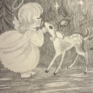 Vintage Weihnachtskarte UNBENUTZT Engel Ann Adams Rehkitz Wälder Tannenbäume mit Umschlag - Bild 1 von 5